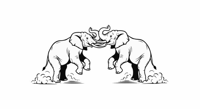 Two elephants facing each other, tusks locked, kicking up dust