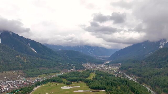 High-altitude forward drone flight over Pahalgam valley and Lidder river.
