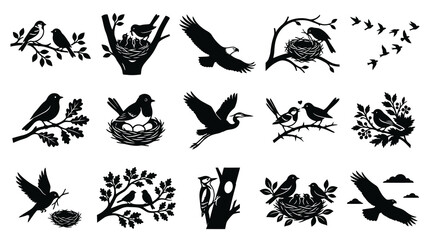 Fototapeta premium Black and White Bird Silhouettes on Branches and in Nests Vector Art