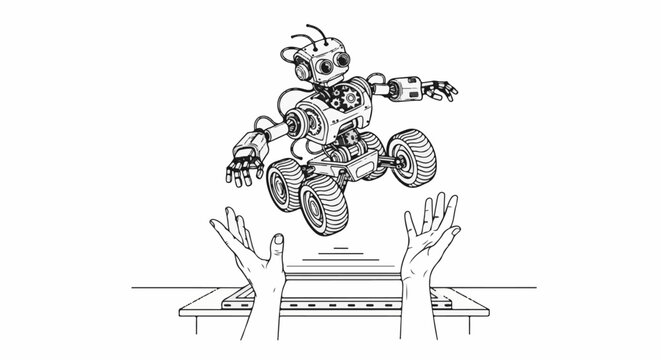 Whimsical robot with wheels levitates over hands emerging from a table