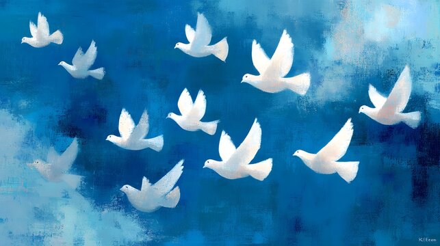 White doves fly together against a deep blue textured background.