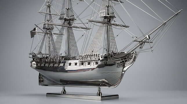 Detailed Stainless Steel Model of the Historic USS Constitution Sailing Ship