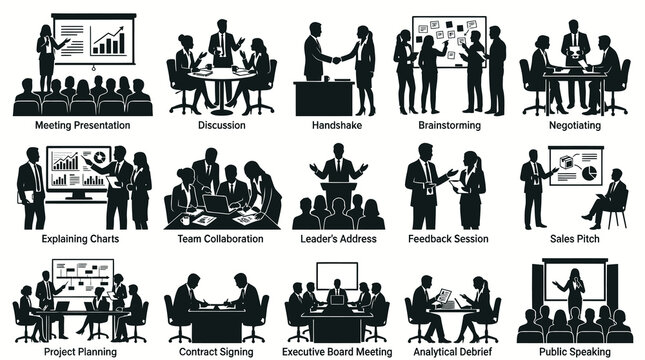 Business Meeting Icons Set: Discussion, Handshake, Brainstorming, Presentation, Negotiation