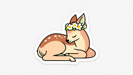Fototapeta premium Cute Baby Deer Sticker with Flower Crown Sleeping Gracefully Vector Illustration