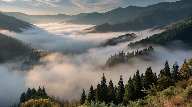 Misty Mountain Valley with Coniferous Forest at Sunrise