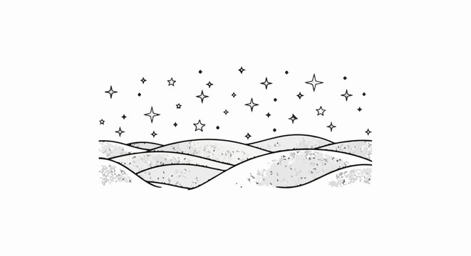 Whimsical starry night over textured rolling hills in a simple line drawing