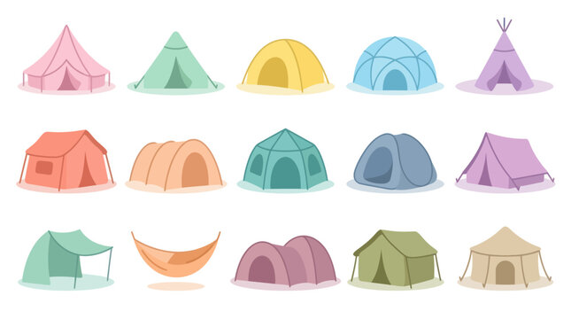 Flat Illustration of Various Camping Tents on White Background
