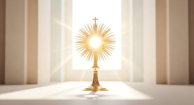 Religious Monstrance with Sacred Host illuminated by divine light in a church sanctuary
