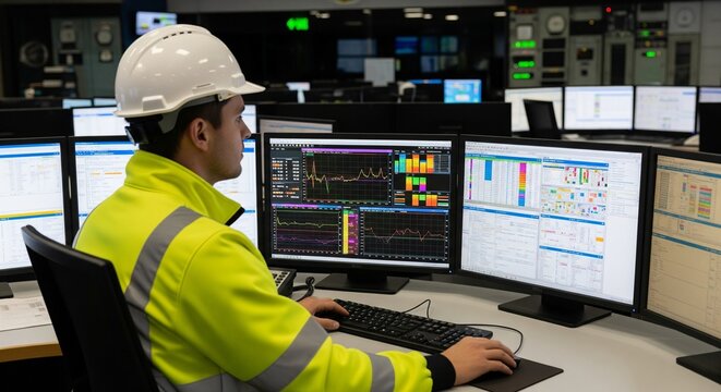 Industrial control room operator in high-visibility safety jacket and hard hat monitoring complex
