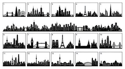 Fototapeta premium Black and White Skyline Silhouettes: Iconic City Landmarks, Vector Art