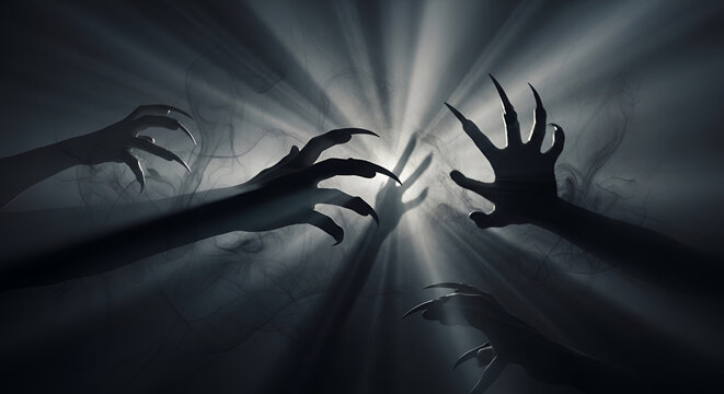 dramatic zombie hands reaching for light source in darkness