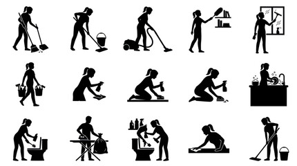 Obraz premium Black and white glyph icons of people cleaning various household items