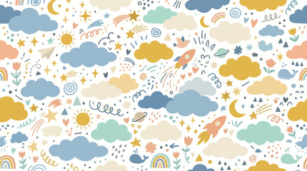 Obraz premium Children's Nursery Seamless Pattern: Cute Hand-Drawn Clouds, Stars, Rockets Celestial Elements