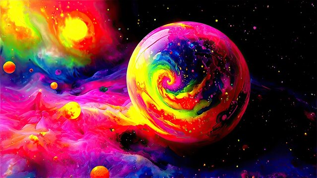 Abstract psychedelic galaxy pattern with swirling neon colors and floating celestial bodies.