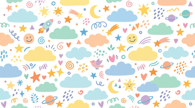 Cute seamless pattern with planets, rockets, stars, and clouds for kids
