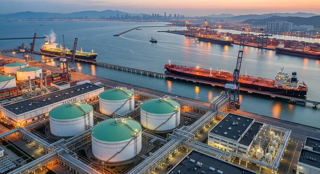 Industrial port with large oil tankers, storage tanks, and cargo ships at dusk, illuminating