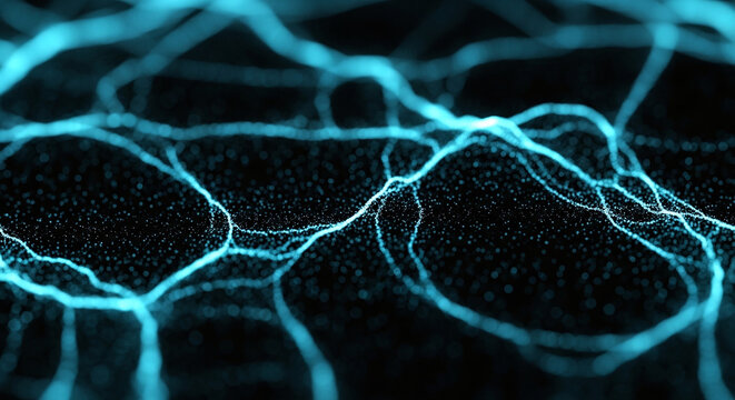 Abstract Glowing Energy Particles Forming Complex Neural Network Connections in a Dark Environment