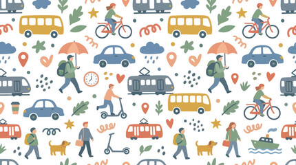 Naklejka premium Cute Seamless Pattern with People, Vehicles, and Transportation Icons, Flat Style