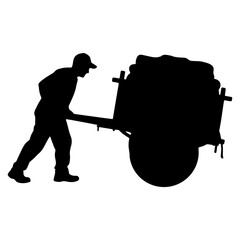 Silhouette of a farmer pushing a cart full of hay. © Heru