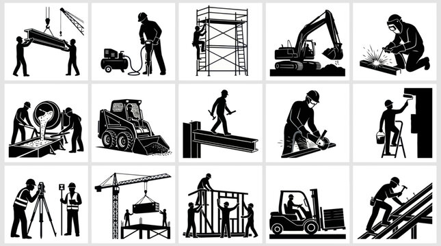 Black  White Construction Worker  Machinery Vector Icons Set