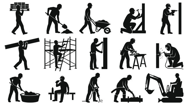 Construction Worker Silhouettes: Building, Digging, Welding, Operating Heavy Machinery