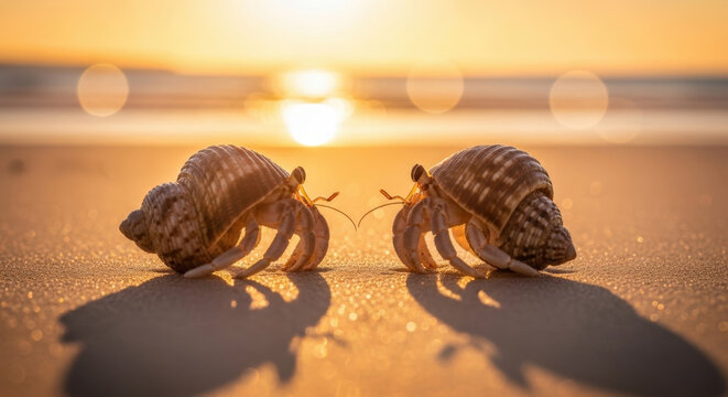 Hermit Crabs on Beach Sunset Coastline Animals Shells Marine Wildlife Seaside Adventure Tropical Warm Colors Summer Seashore Creatures Invertebrates
