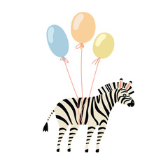 Obraz premium A cartoon zebra with a balloon attached to its body. Flat style vector illustration for a children's birthday party concept.