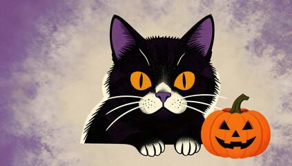 Fototapeta premium Halloween Cat with Jack-o'-Lantern: A whimsical black cat with bright yellow eyes and purple accents playfully peeks out from behind a cheerful jack-o'-lantern, embodying the spirit of Halloween.