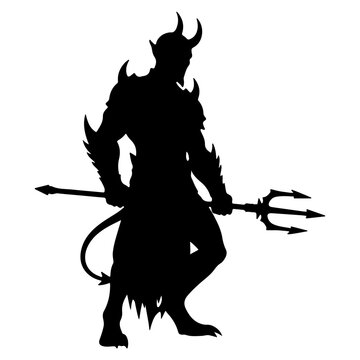 Silhouette of a demonic warrior with horns and a trident.