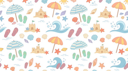 Obraz premium Summer beach seamless pattern: umbrellas, sandcastles, waves, flip-flops, shells