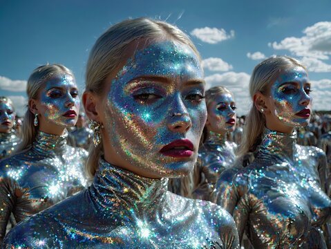 Futuristic woman with holographic shimmering skin standing in a crowd of clones under a bright sky.