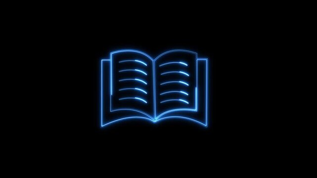 Open book neon glowing blue animation, education knowledge symbol, study reading icon,Glowing vertical book icon animation with neon open symbol on black background