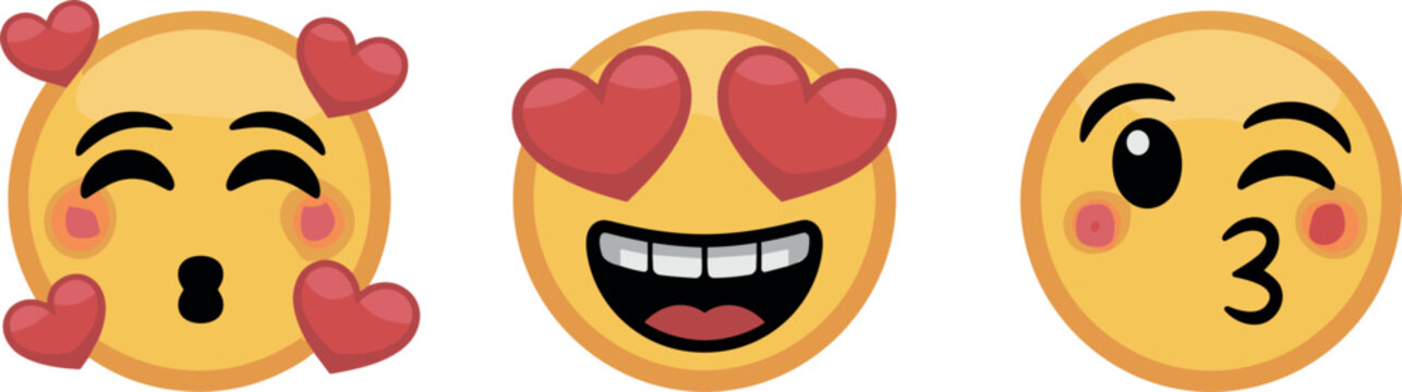 Collection of romantic yellow emoji vector icons featuring faces with floating hearts heart eyes and a blowing kiss expression in flat cartoon style.