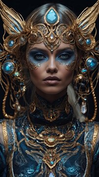 Ornate golden cybernetic headpiece with blue glowing gems on a beautiful woman, fantasy queen.