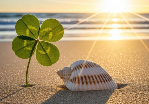 seashell and four leaf clover on sandy beach at golden hour