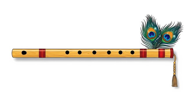 Traditional Bamboo Flute with Peacock Feathers Isolated on White