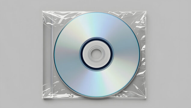 CD Packaged: A compact disc, encased in a transparent plastic wrap, presenting a sleek, untouched appearance, suggesting the potential for media and information storage.
