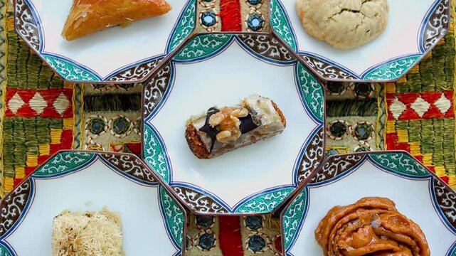 Assorted Middle Eastern sweets and pastries on ornamental plates
