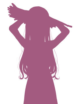 麦わら帽子を被ったロングヘアの女の子　押さえる　シルエット