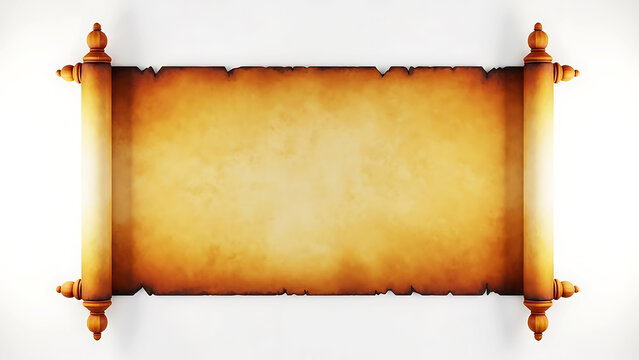 Aged vintage horizontal parchment scroll paper with wooden rollers isolated on white studio background