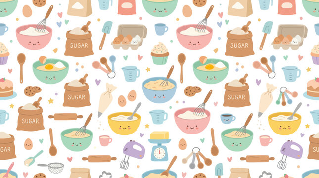 Cute Baking Pattern Seamless Pattern with Kawaii Food and Kitchenware