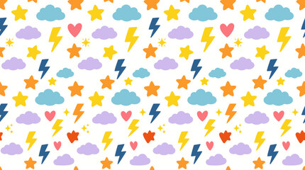 Fototapeta premium Cute Seamless Pattern with Clouds, Stars, Hearts, and Lightning Bolts