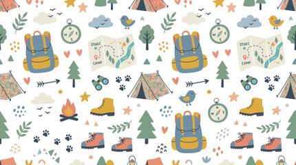 Naklejka premium Camping Adventure Seamless Pattern - Flat Illustration for Outdoor Fun