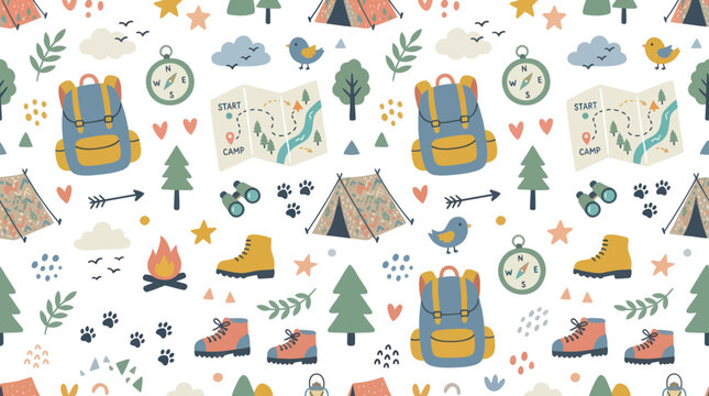 Camping Adventure Seamless Pattern - Flat Illustration for Outdoor Fun