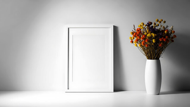 Minimalist interior with blank white vertical picture frame mockup leaning on wall next to flowers