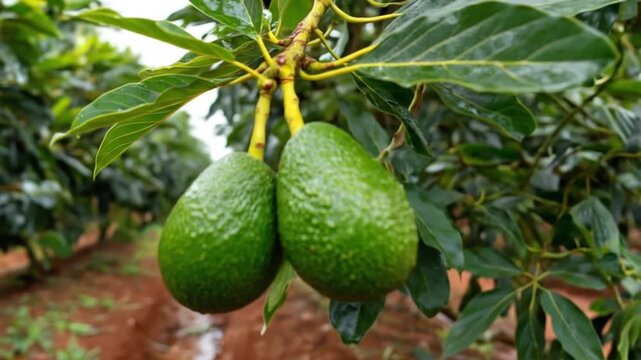 Green Avocado Pairing on Tree in Farm Setting