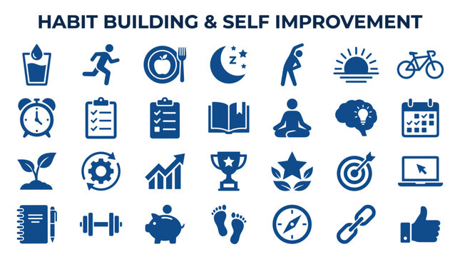 Habit building and self improvement icons set representing healthy lifestyle, personal growth, fitness, mindfulness, and productivity concepts