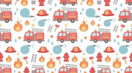 Fototapeta premium Cartoon Firefighting Equipment Flat Design Seamless Pattern for Emergency Services