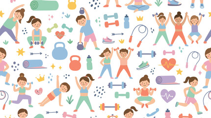 Fototapeta premium Flat Vector Fitness Pattern with Exercising Kids Adults and Sports Equipment for Healthy Life