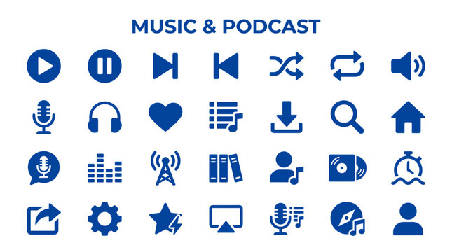 Collection of blue music and podcast icons representing playback controls, audio equipment, and digital media functions on a white background